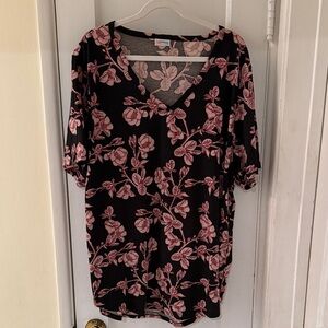 LuLaRoe Black and Pink Floral V-Neck Blouse